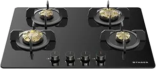 Faber 4 Burner 70cm Hob |Auto-Ignition HOB PRIME HT704 CRS BR CI AI |Metal Knobs Cast Iron Pan Support |Hob/Cooktop Hybrid Black Glass Finish |5 Yrs Warranty on Glass & Valve 2 Yrs on Burner, Coil