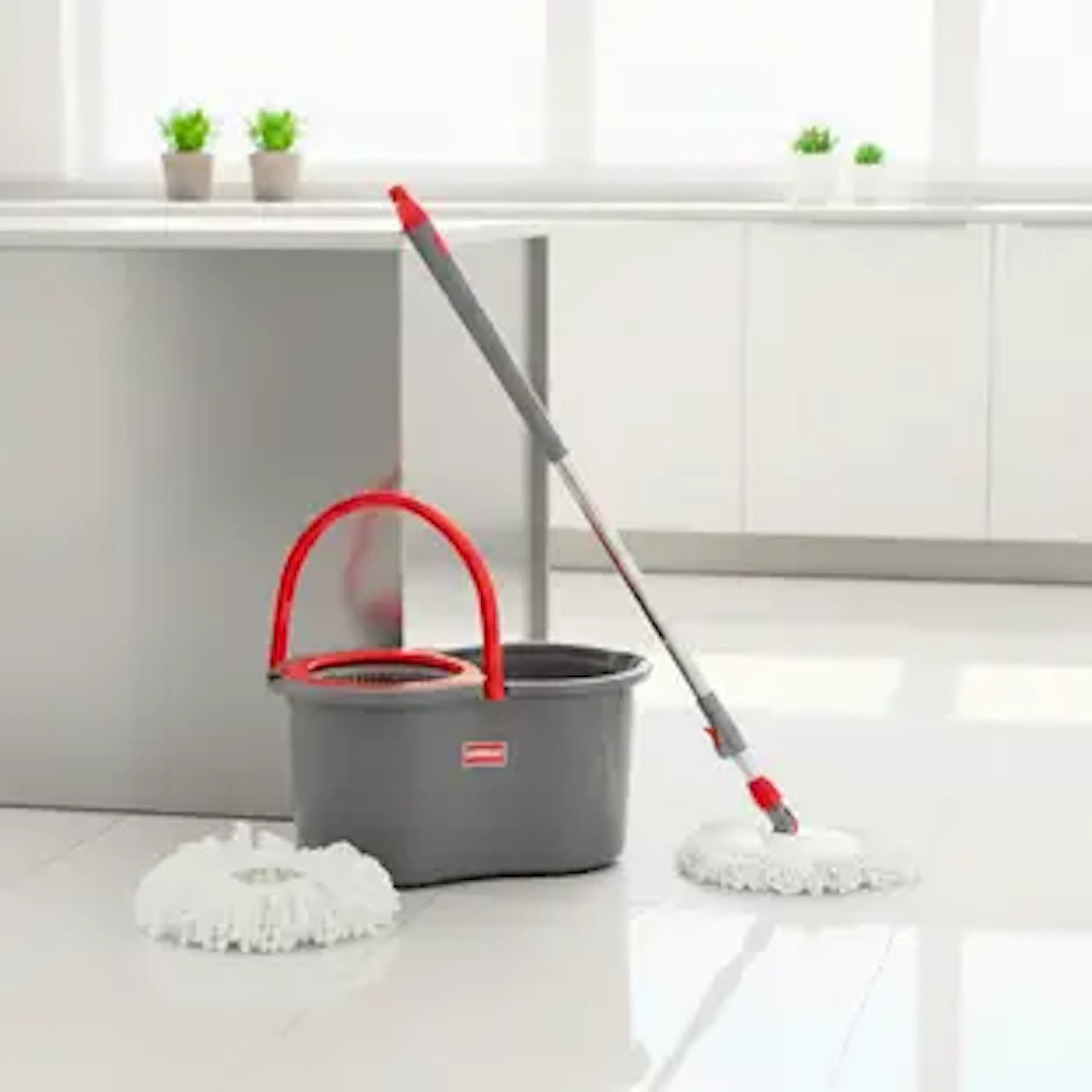 MODWARE 360° Spin Mop & Bucket Set with Wringer, Microfiber Refill, Red, 7L Mop Set
