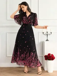 JUGNOO Women Fit and Flare Black Maxi/Full Length Dress