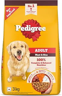 Pedigree Adult Dry Dog Food, Meat & Rice, 3 kg, Contains 37 Essential Nutrients, 100% Complete & Balanced Food for Adult Dogs