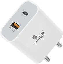Kratos Power PQ1 45 W Charger Adapter, Dual Port (USB + Type C), Supports PD Charging via Type C Port, Compatible with Smartphones, Tablets & Smartwatch, Fast Charger Type c,White