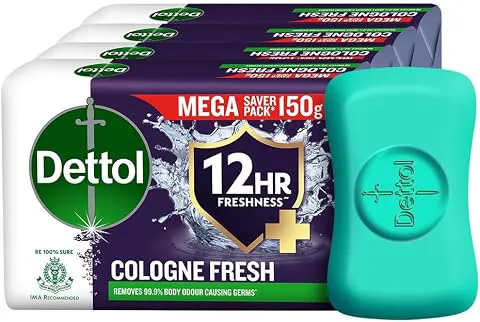 Dettol Cologne Fresh Bathing Soap Bar with 12hr Freshness 150g Pack of 4, (600gm) Odour Protection