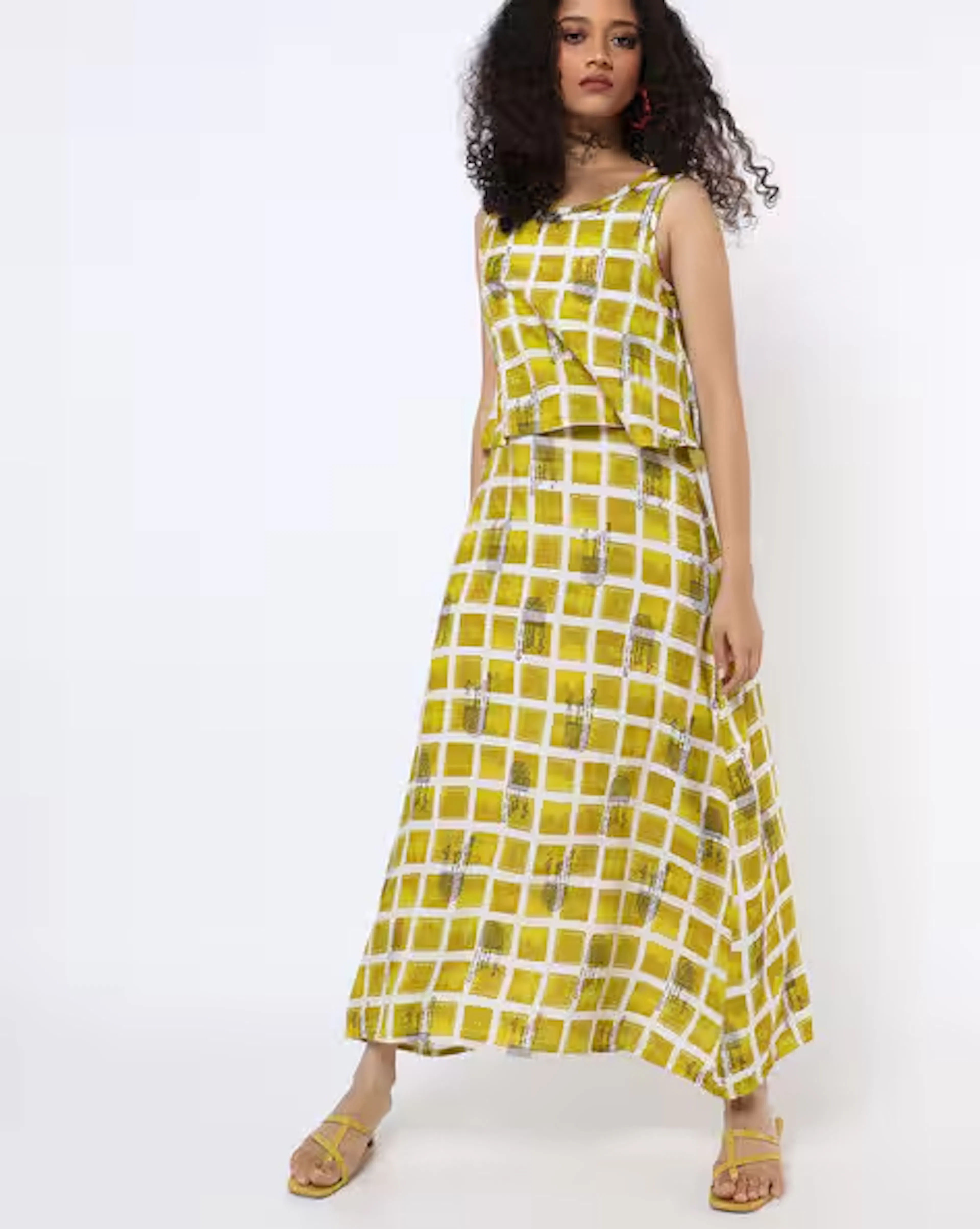 Checked A-line Dress with Overlay Panel