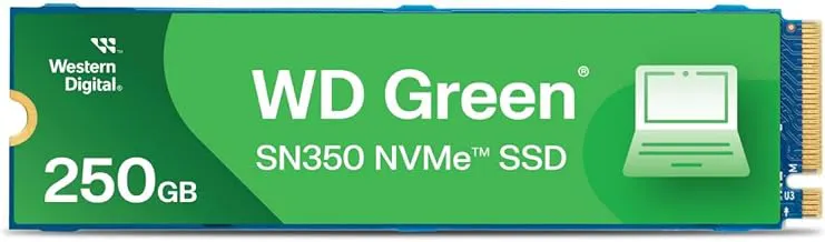 Western Digital WD Green SN350 NVMe 250GB, Upto 2400MB/s, 3 Y Warranty, PCIe Gen 3 NVMe M.2 (2280), Internal Solid State Drive (SSD) (WDS250G2G0C), Green