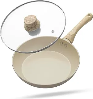 Lifelong Forged Fry Pan 24cm with Glass Lid | 1.8Ltr, 1.9kg Pan | Ceramic Coated | Gas Stove and Induction Friendly | Non-Stick, Teflon Free & Durable |Skillet for Cooking, Searing, Sautéing, & Frying Aluminium