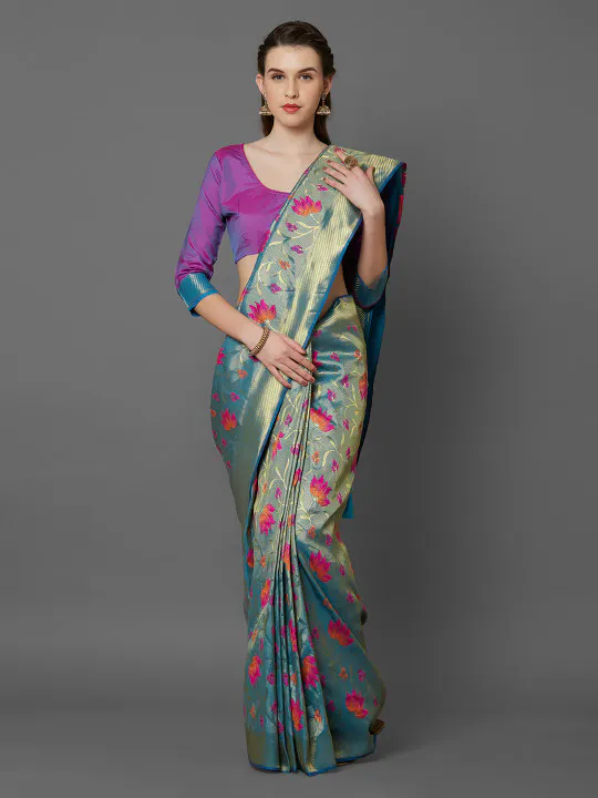 Mitera Turquoise Blue & Purple Silk Blend Woven Design Kanjeevaram Saree