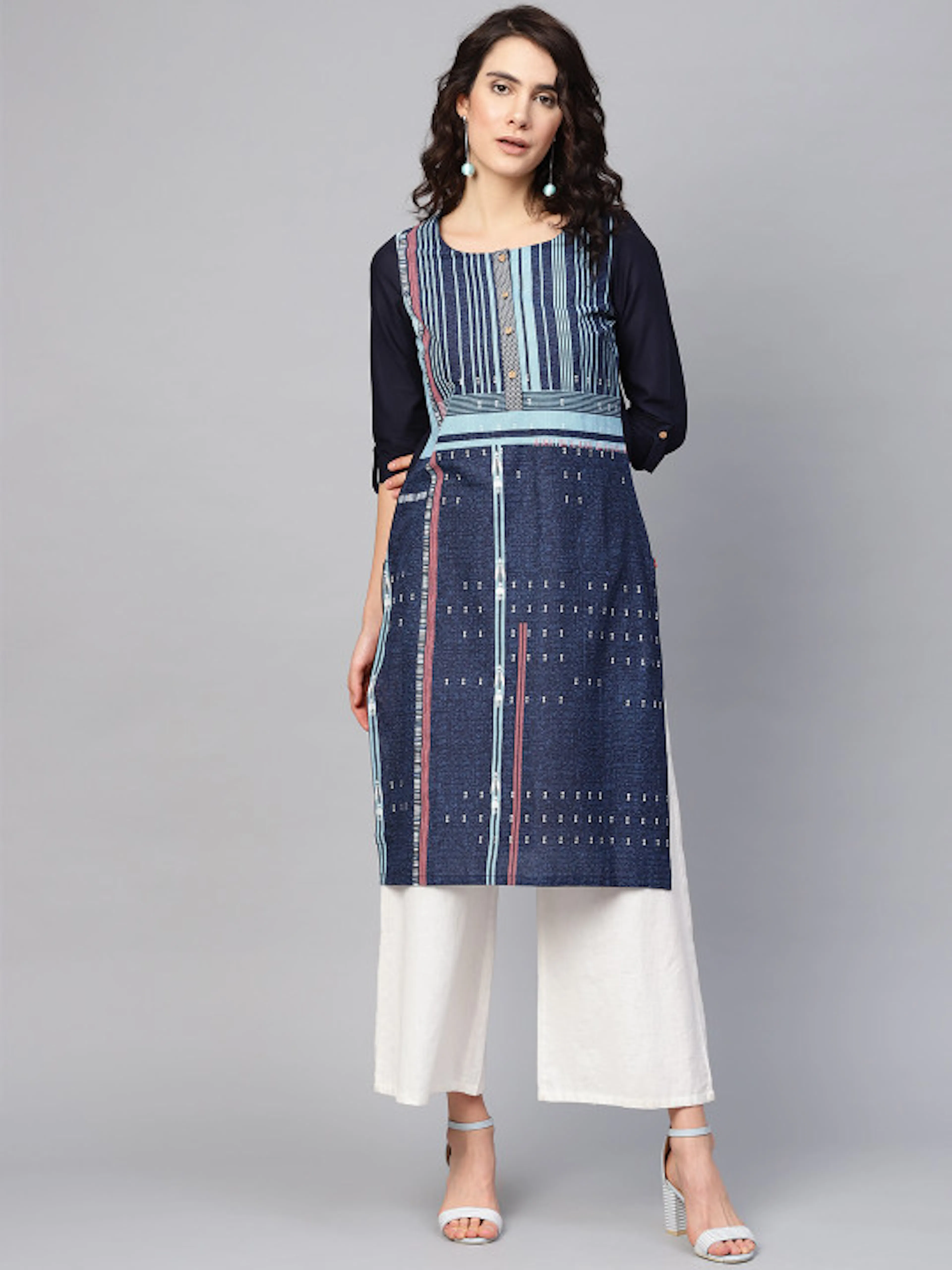 W Women Blue Printed Straight Kurta