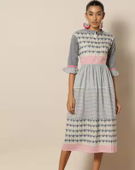 Striped South Cotton Fit & Flare Dress with Mandarin Collar