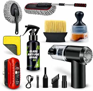 8 Pcs Car Combo Kit with 3-in-1 Mini Vacuum Cleaner, Microfiber Cloth, Duster, Wheel Brush, Anti-Fog Spray & Glass Cleaning Tools (8 in 1 Car Combo) (Multicolour)