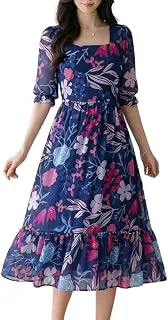 SMOWKLYWomen's Georgette Floral Printed Western Gown || Half Sleeve V Neck Fit & Flare Flared Hem Design || A-Line Maxi Dress Casual Wear