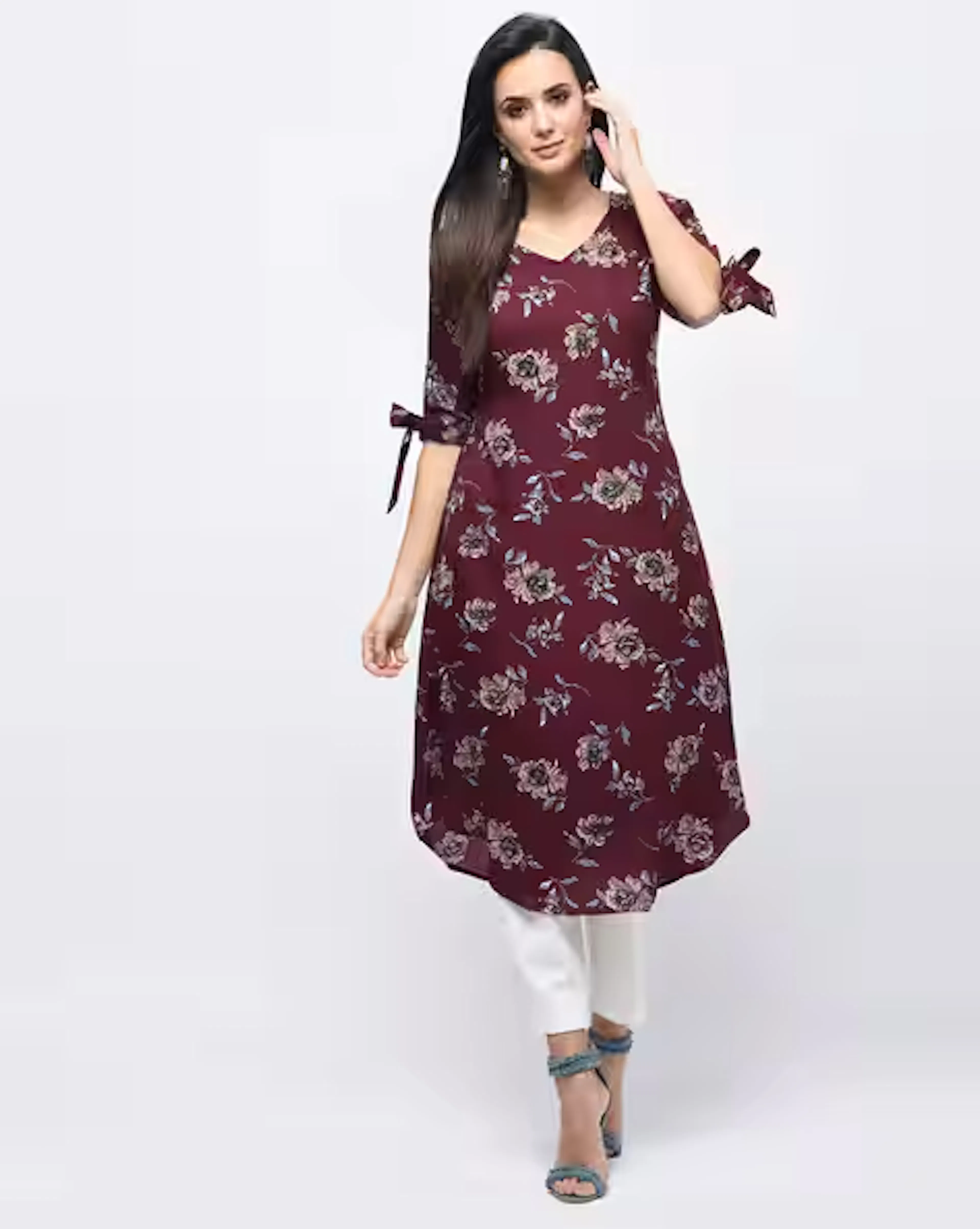 Floral Print A-line Kurta with Sleeve Tie-Up
