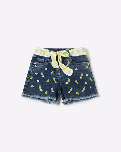 Embroidered Denim Shorts with Tie-Up