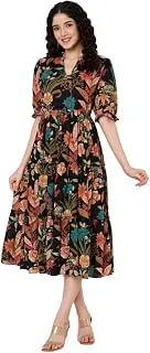 Women's Cotton Floral Printed Midi Dress | V-Neck Fit & Flare Dress with Puff Sleeves | Casual Summer Wear