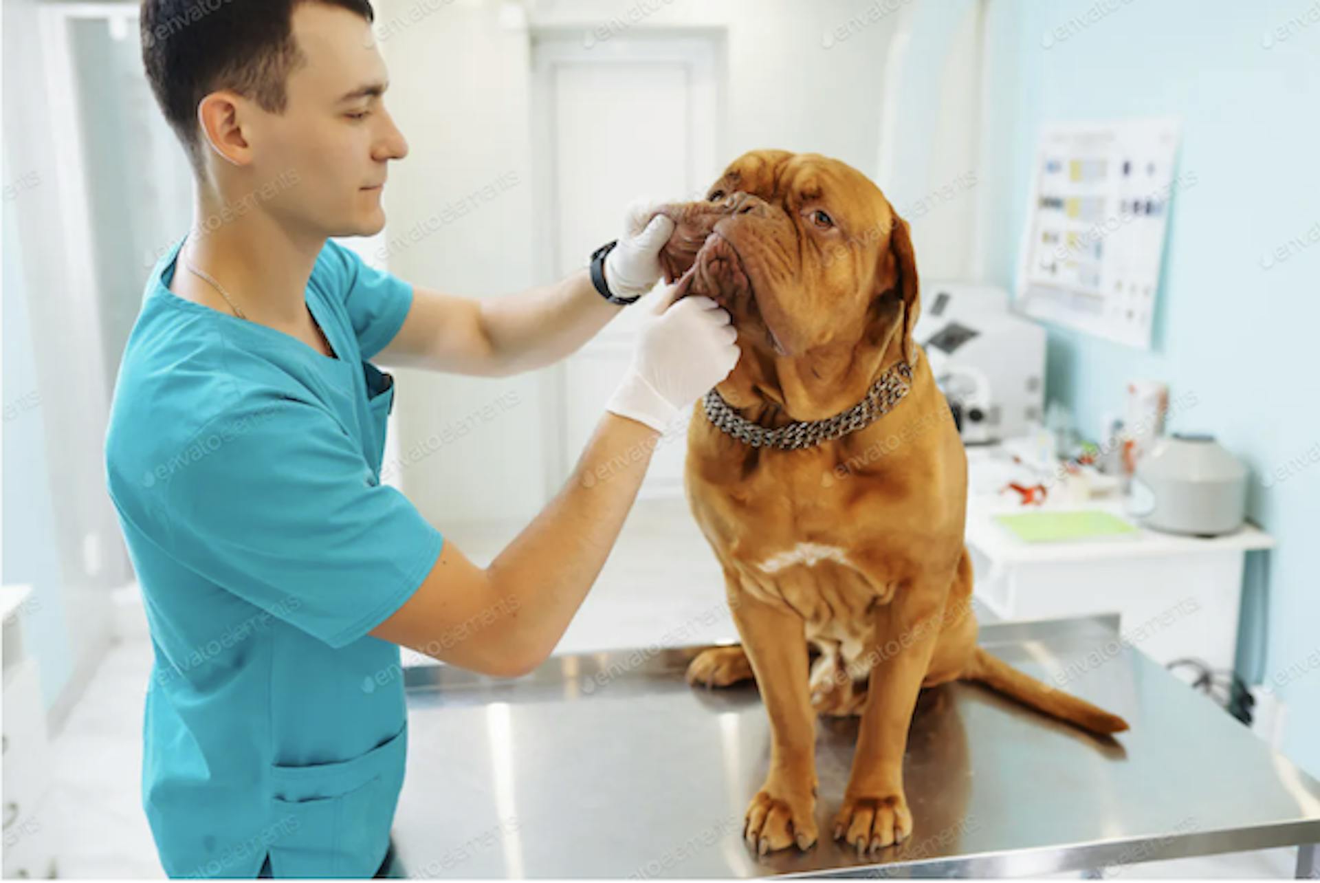 Chien qui se fait ausculter la bouche par un vétérinaire