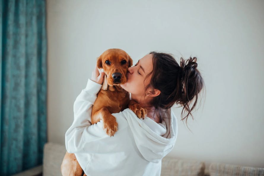 femme qui porte son chien et lui fait un bisous