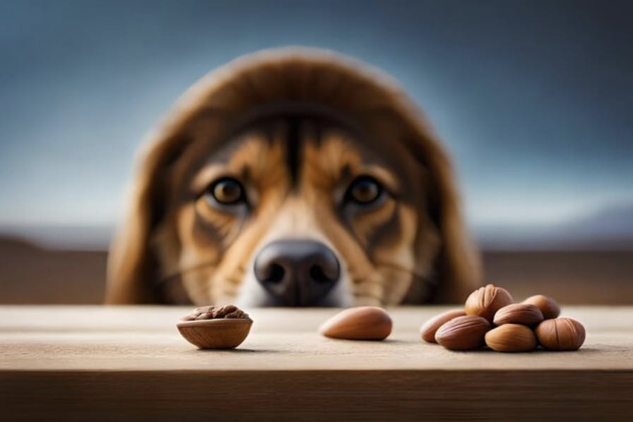 Chien qui regarde des noix posées sur une table