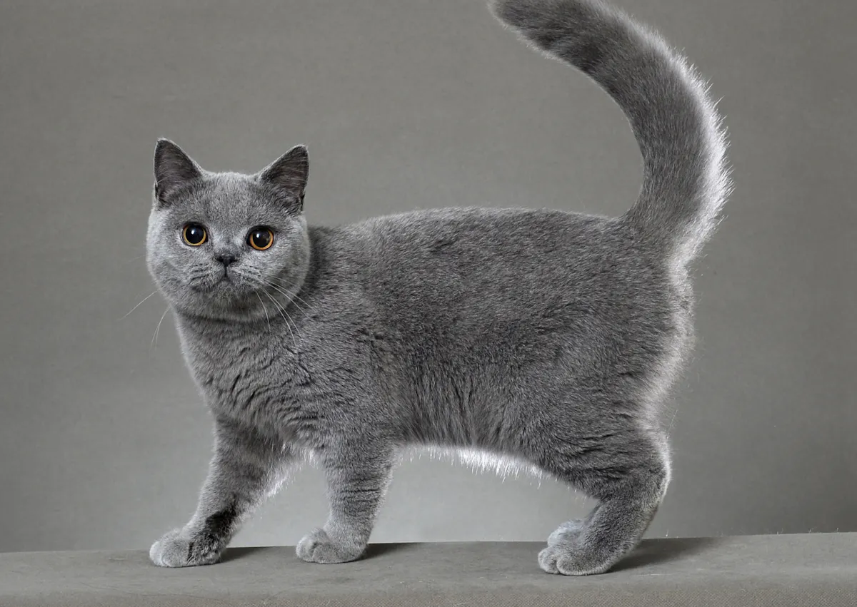 British Shorthair qui marche et regarde l'objectif, il y a un décor gris derrièere lui