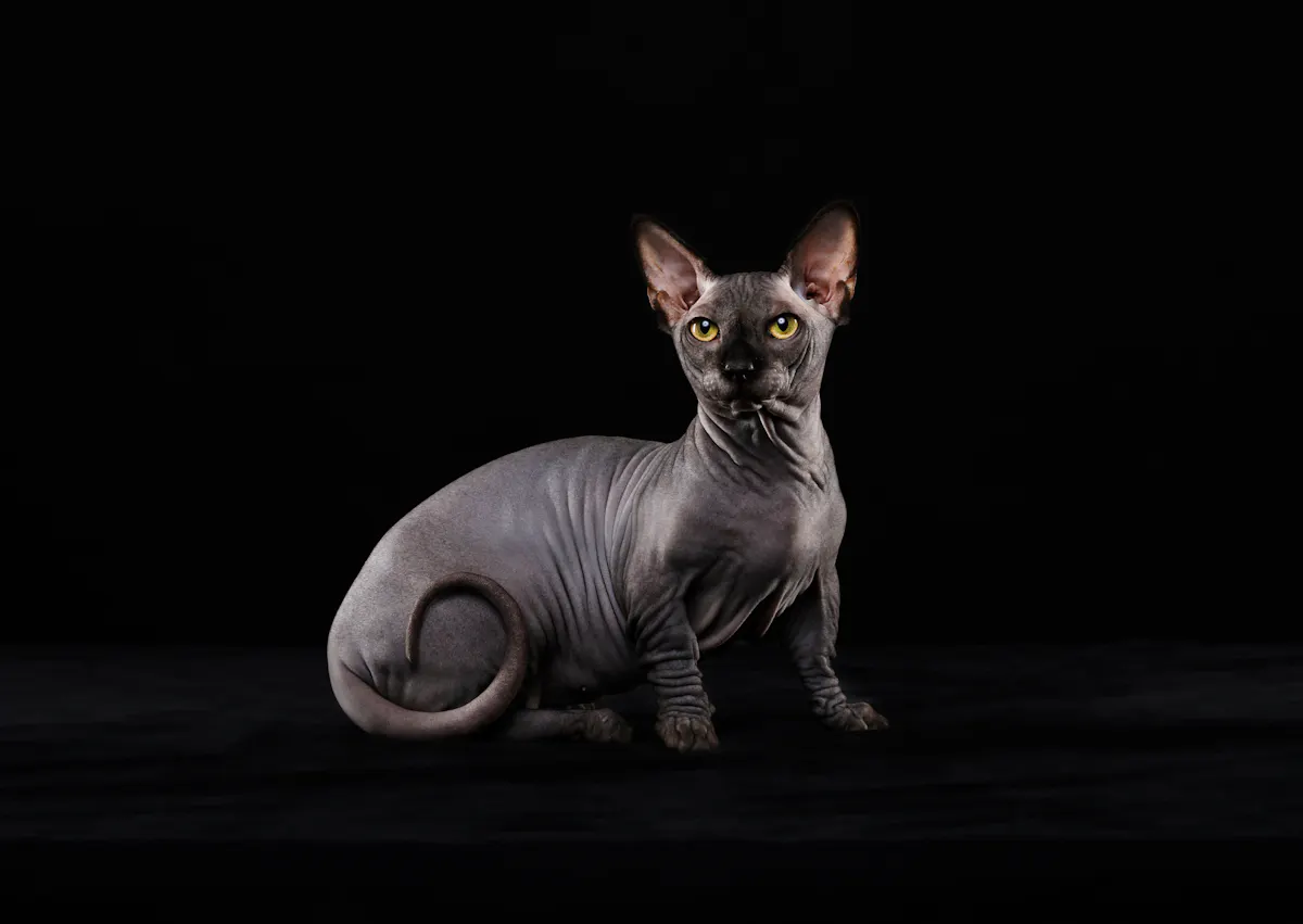 Sphynx gris foncé sur un fond noir