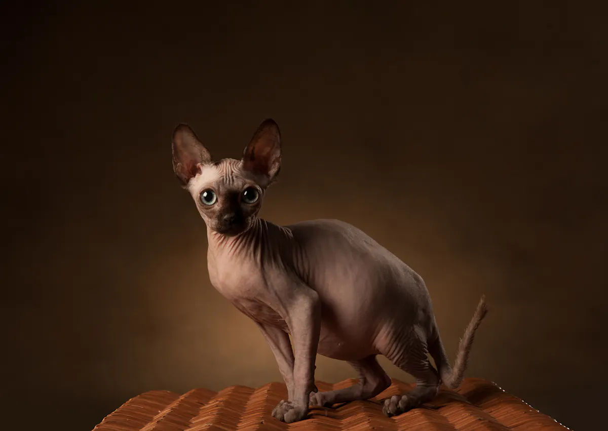 Sphynx assis sur une banquette, il y a un fond marron et noir derrière lui