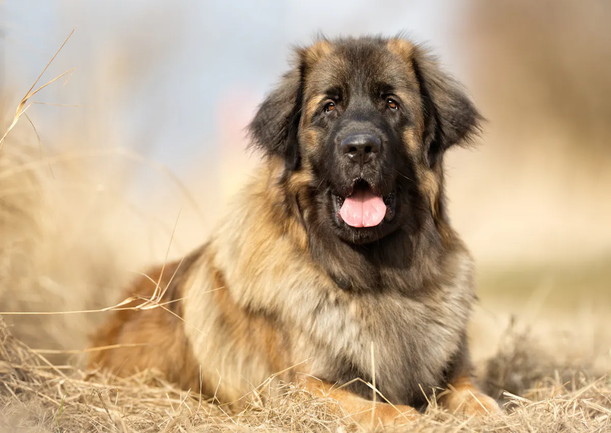 Leonberg qui regarde au loin, à côté de lui il y a unc champs de plantes sèches