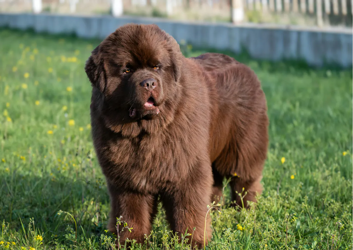 Chien terre neuve debout dans une pelouse