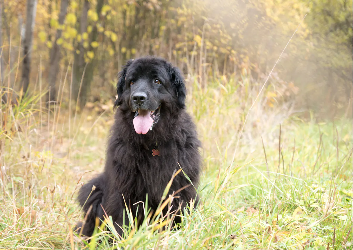 Chien terre neuve assis dans un chaps d'herbes hautes