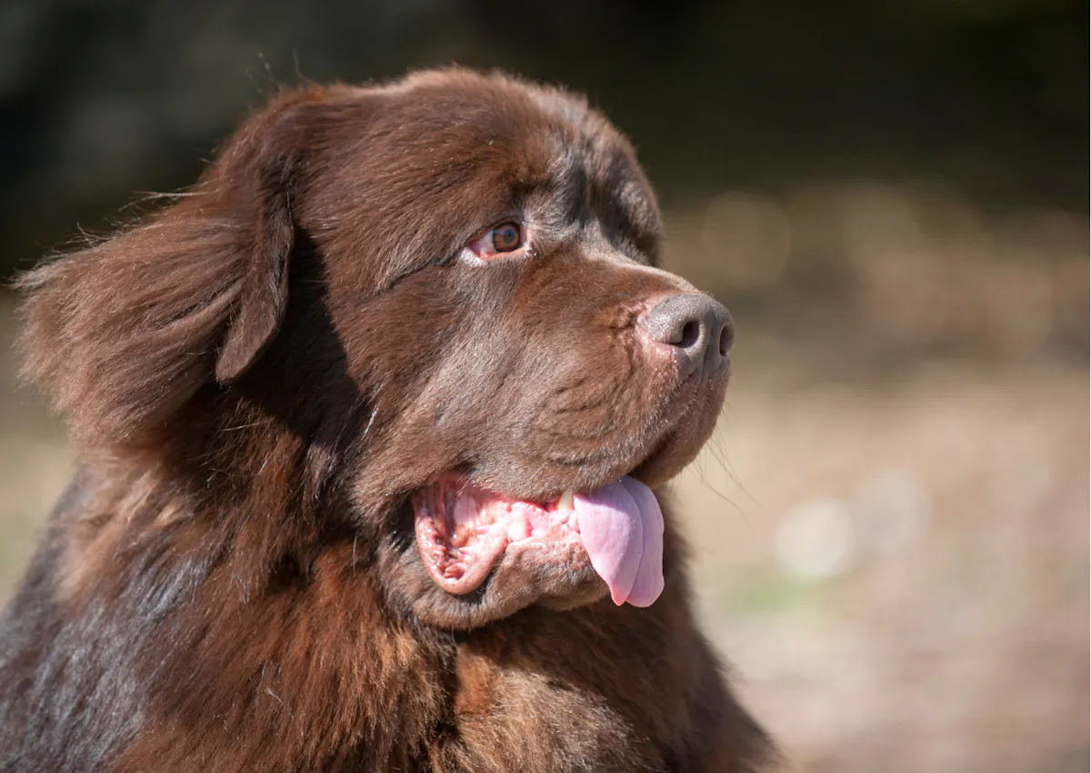 Chien terre neuve qui tire la langue et regarde sur le côté 