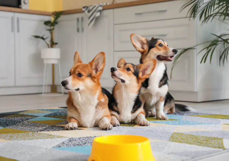 Trois Corgi qui attendent devant leur gamelle
