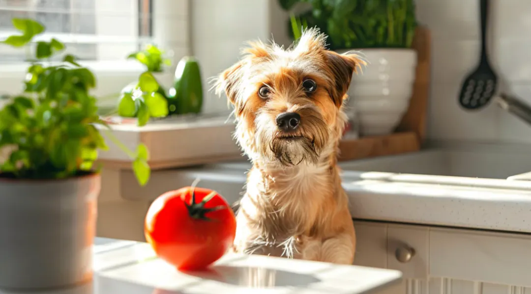 Chien qui attend assis, devant une tomate