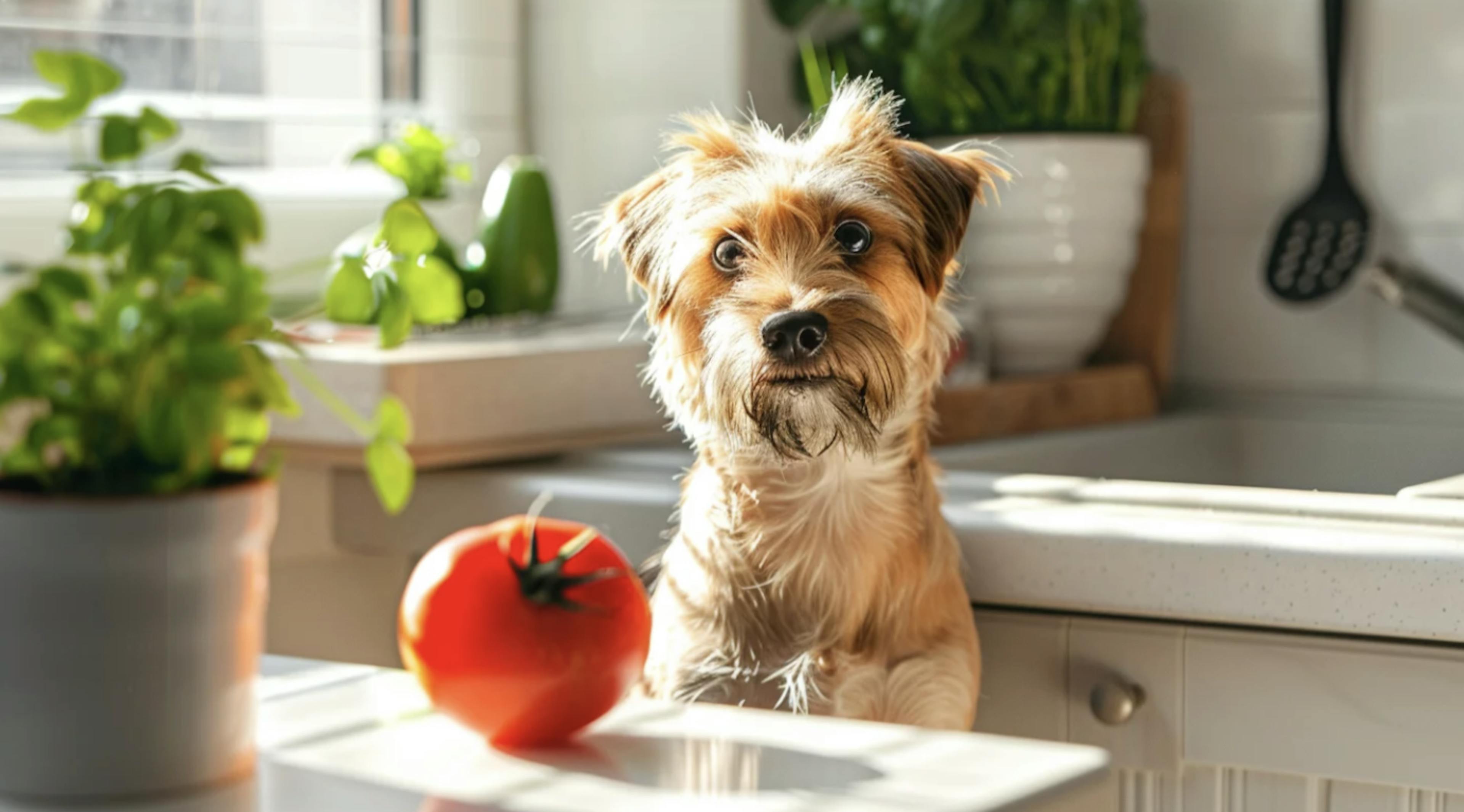 Chien qui attend assis, devant une tomate