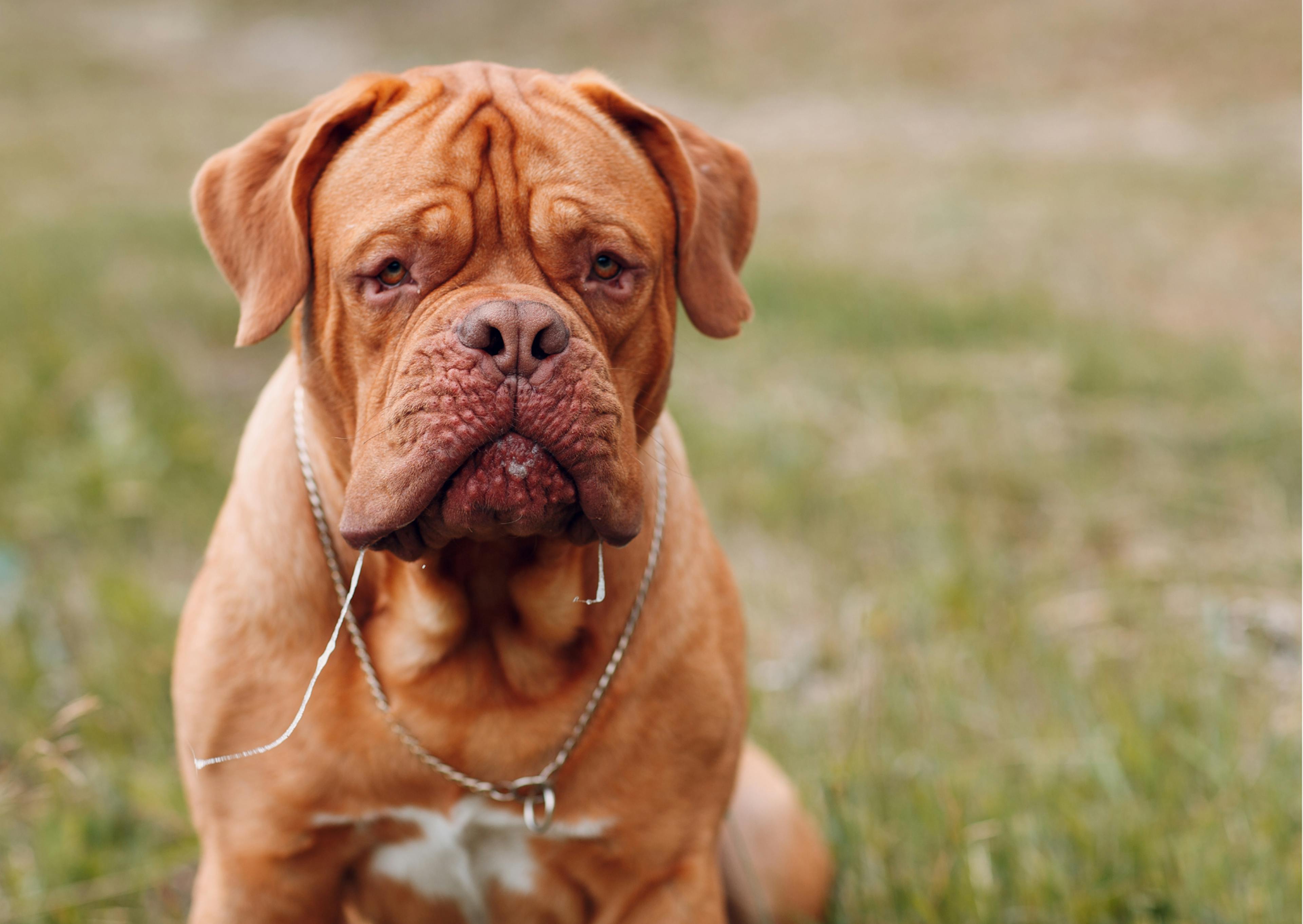 jeune dogue de bordeaux assis sur l'herbe 