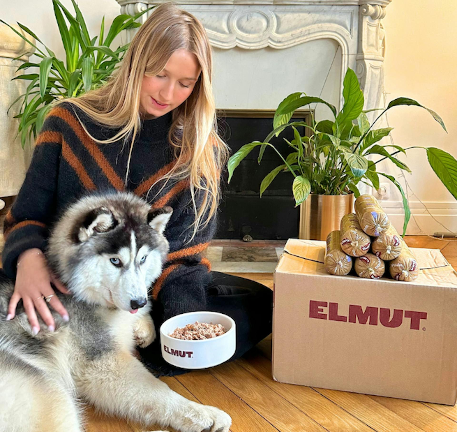 Chien découvrant son colis Elmut