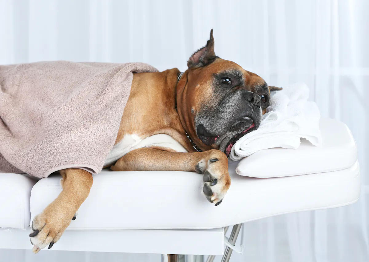 Boxer couché avec une couverture sur lui