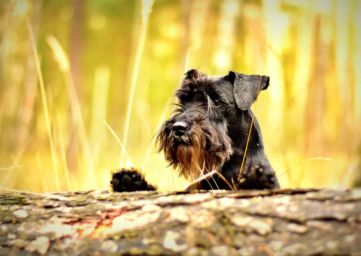 Schnauzer qui pose les pattes sur un tronc d'arbre, il regarde au loin