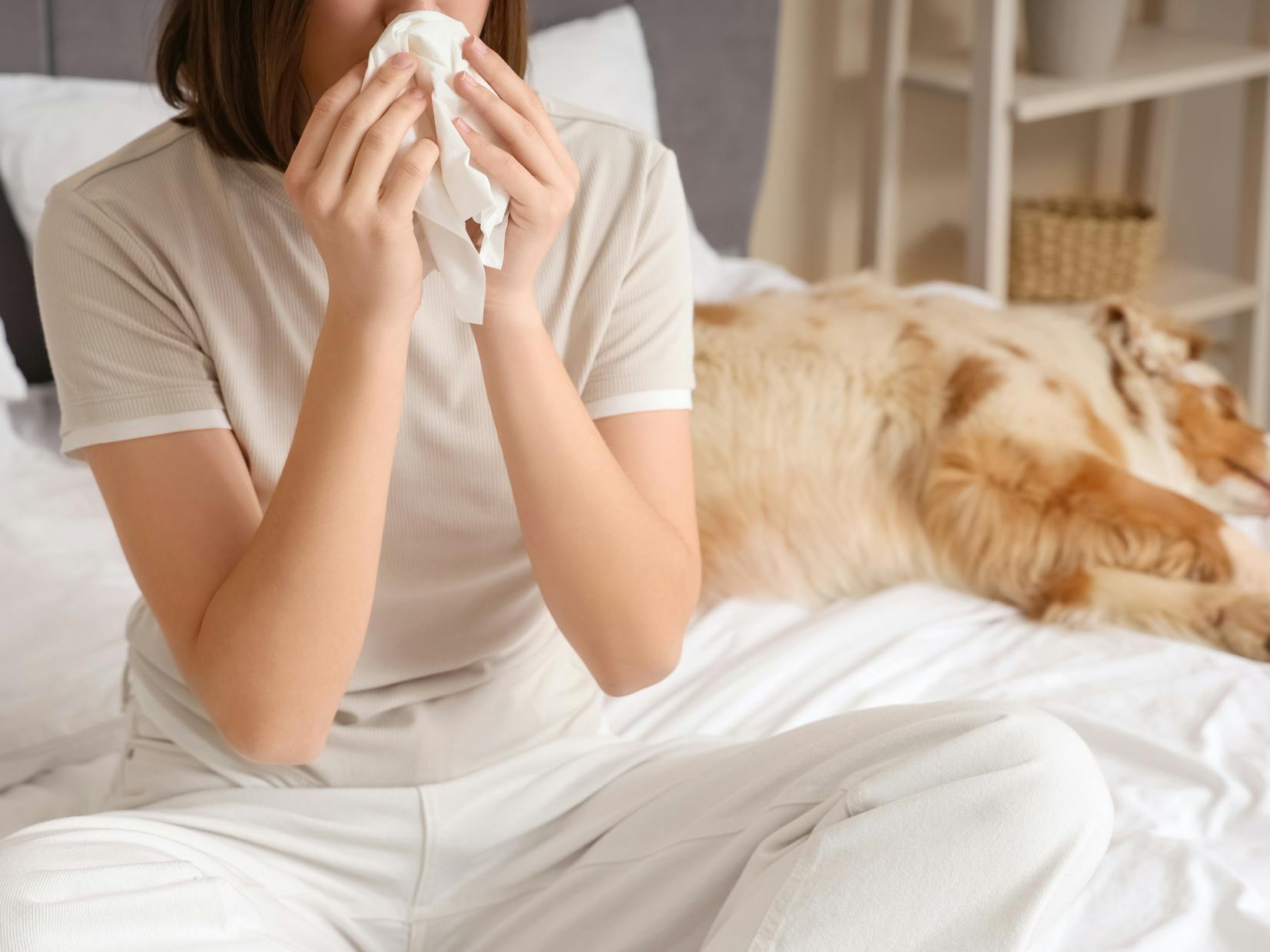 femme qui est allergique près d'un chien