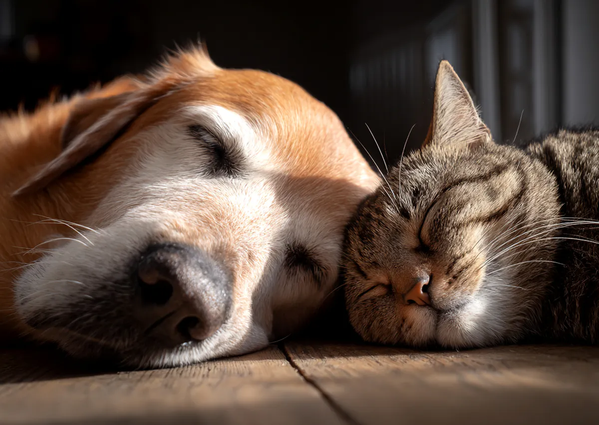 chat en traind e dormir, il est tête contre tête avec un chien qui dort aussi