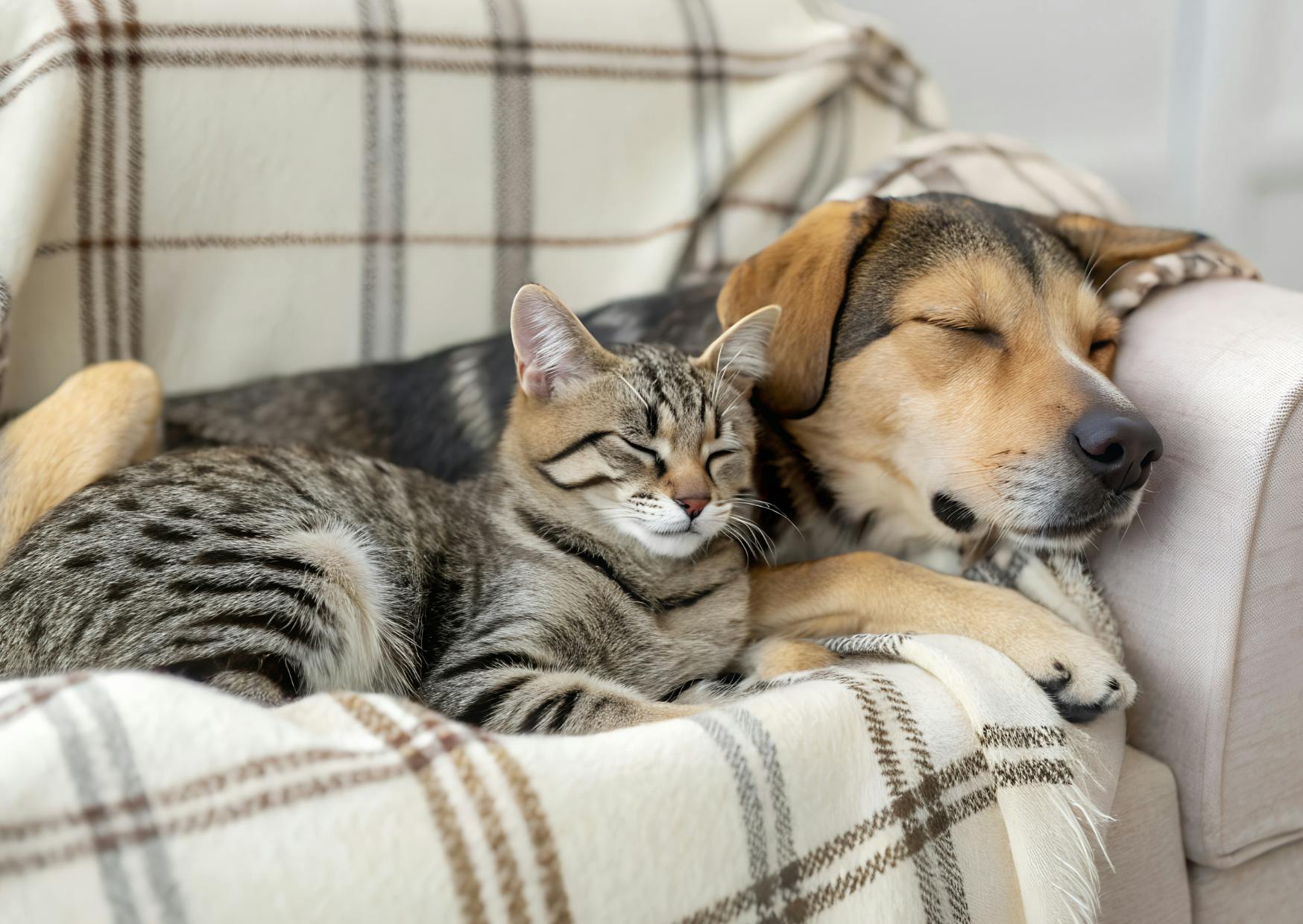 chat qui dort avec un chien sur un canapé