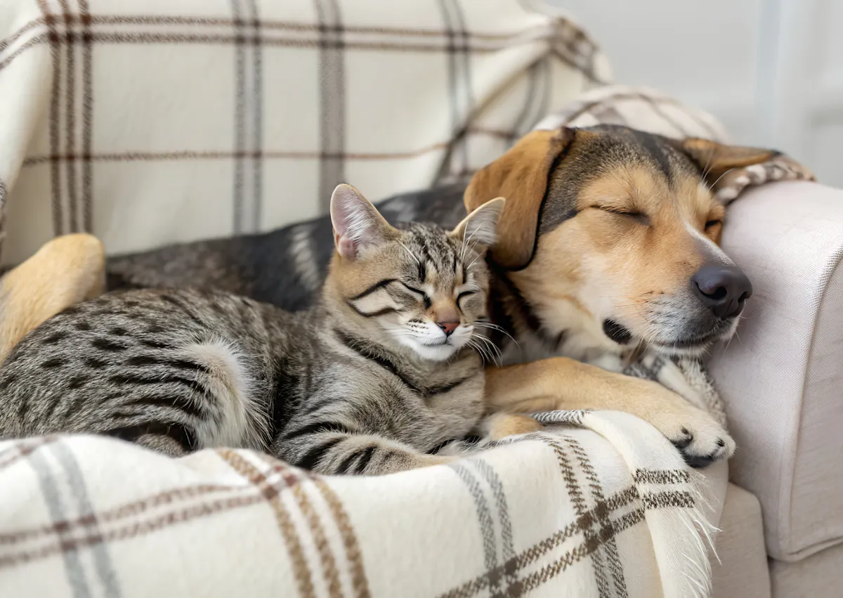 chat qui dort avec un chien sur un canapé