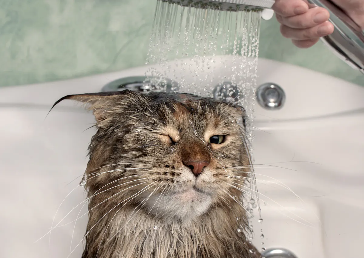 chat qui se fait rincer la tête avec une pomme de douche