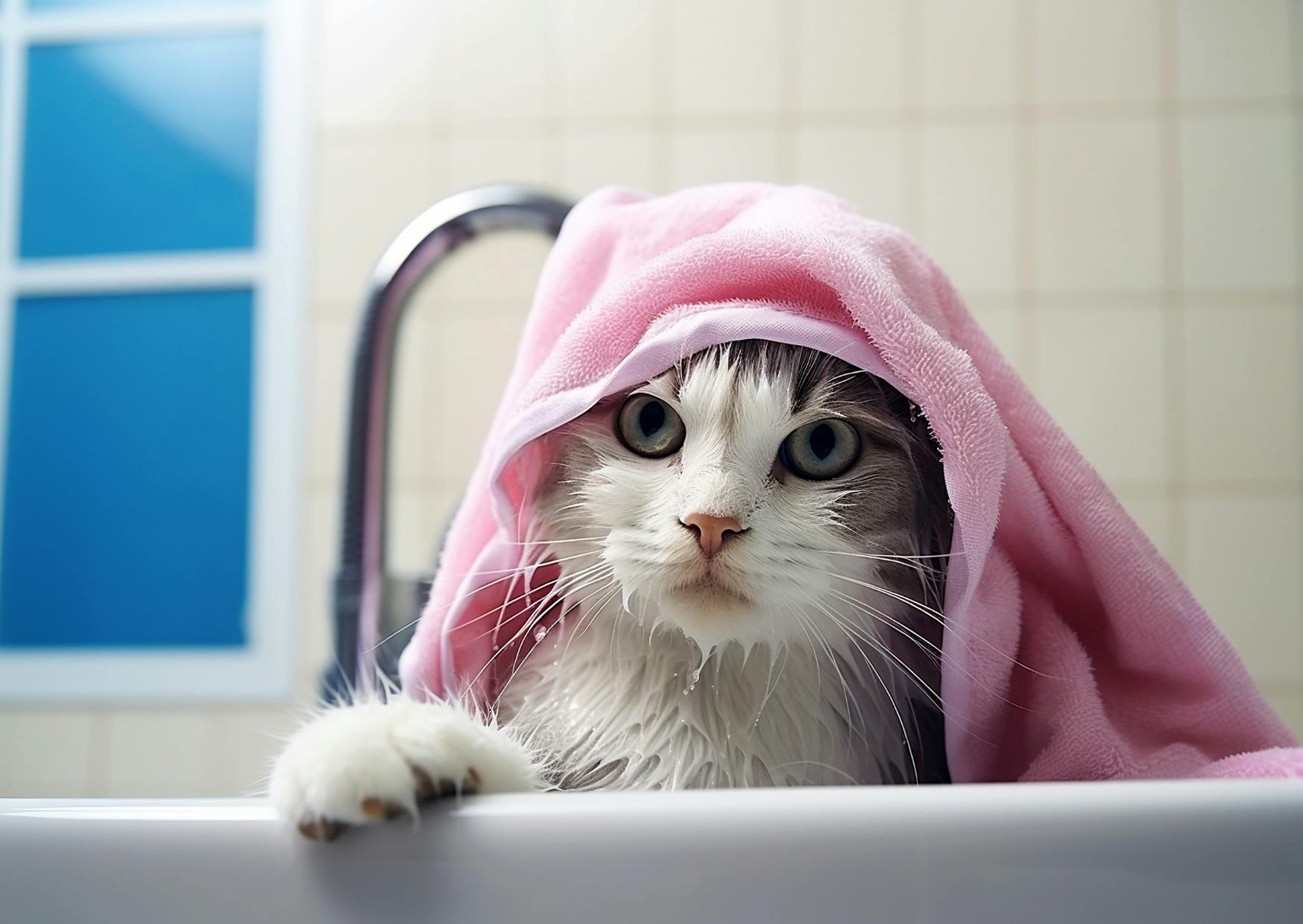 chat dans une baignoir avce une serviette rose sur la tête