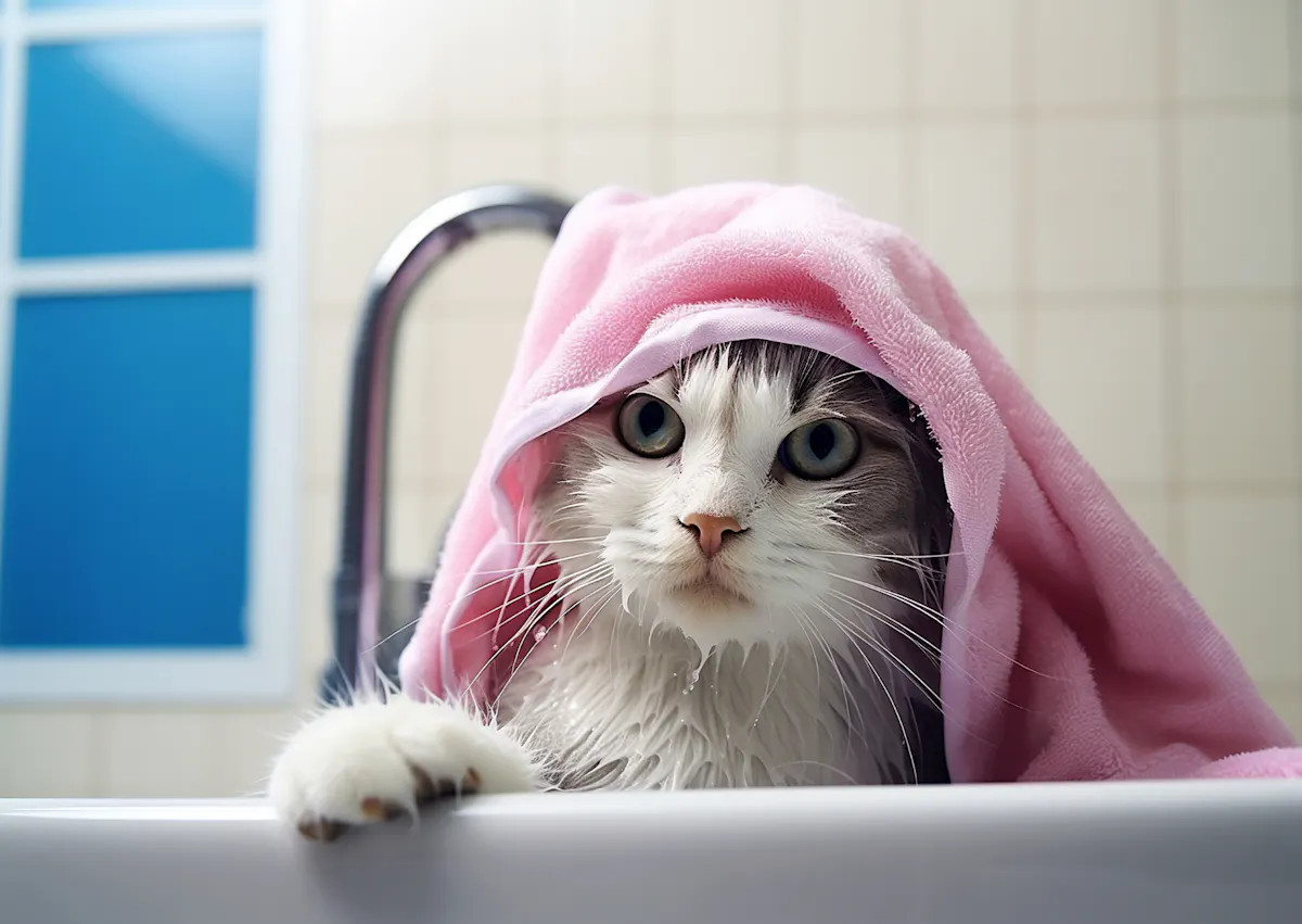 chat dans une baignoir avce une serviette rose sur la tête 