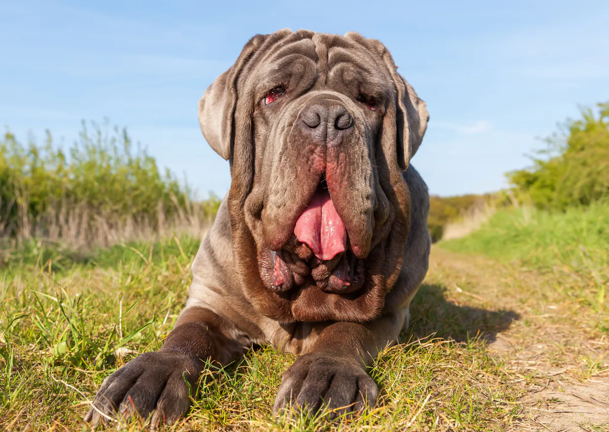 Matin de Naples couché, il regarde l'objectif vers le bas 