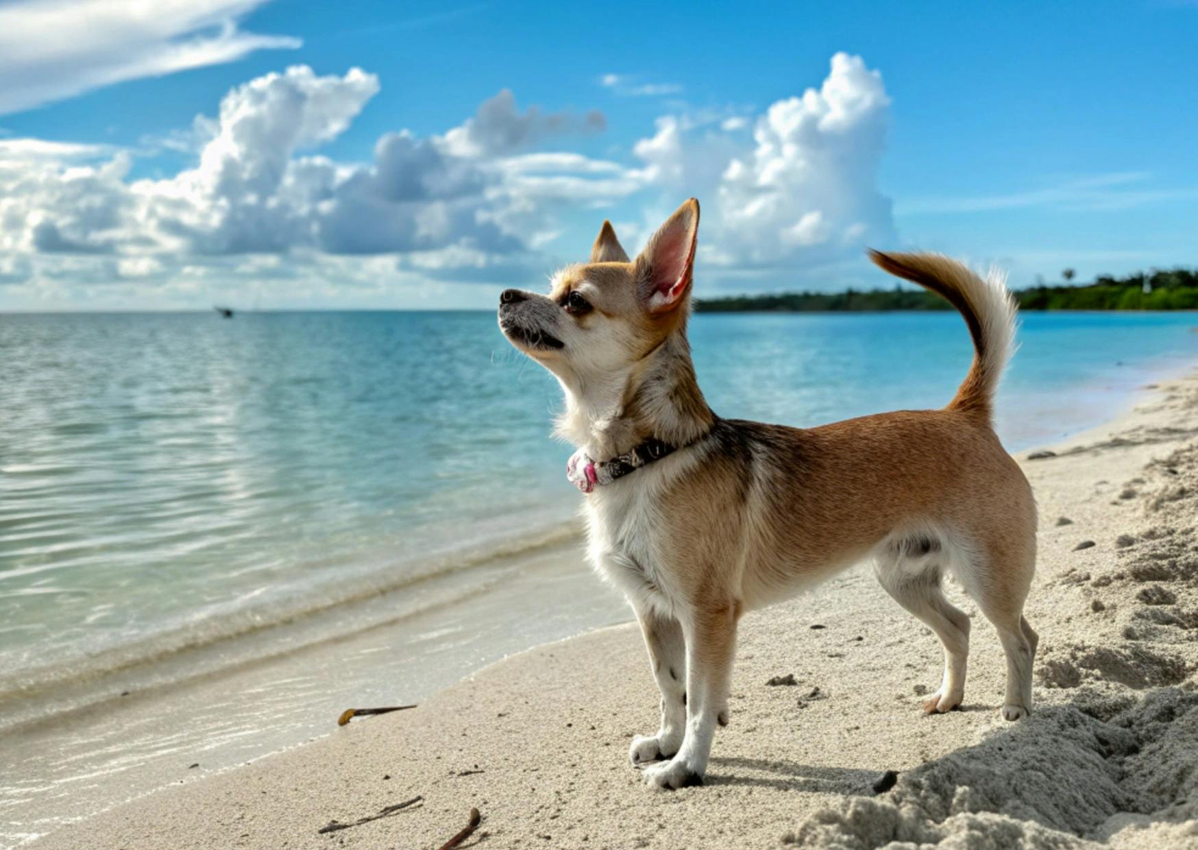 Chihuahua au bord d'une plage, il respire vers le haut