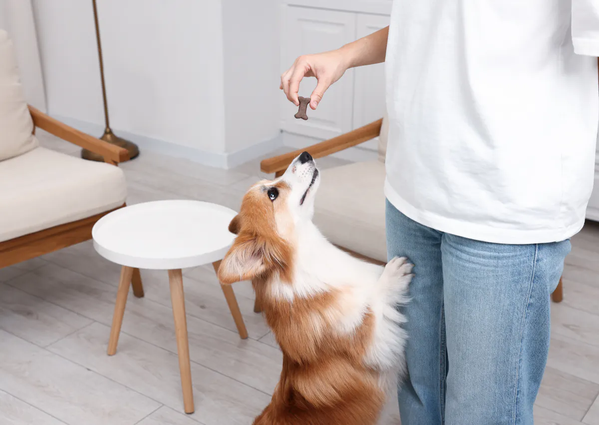un corgi va manger une friandise