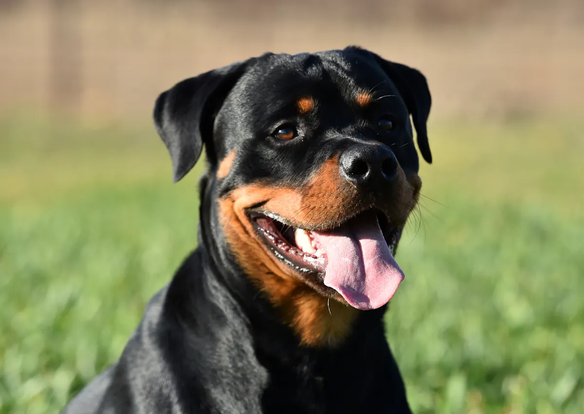 Rottweiler dehors assis qui tire la langue 