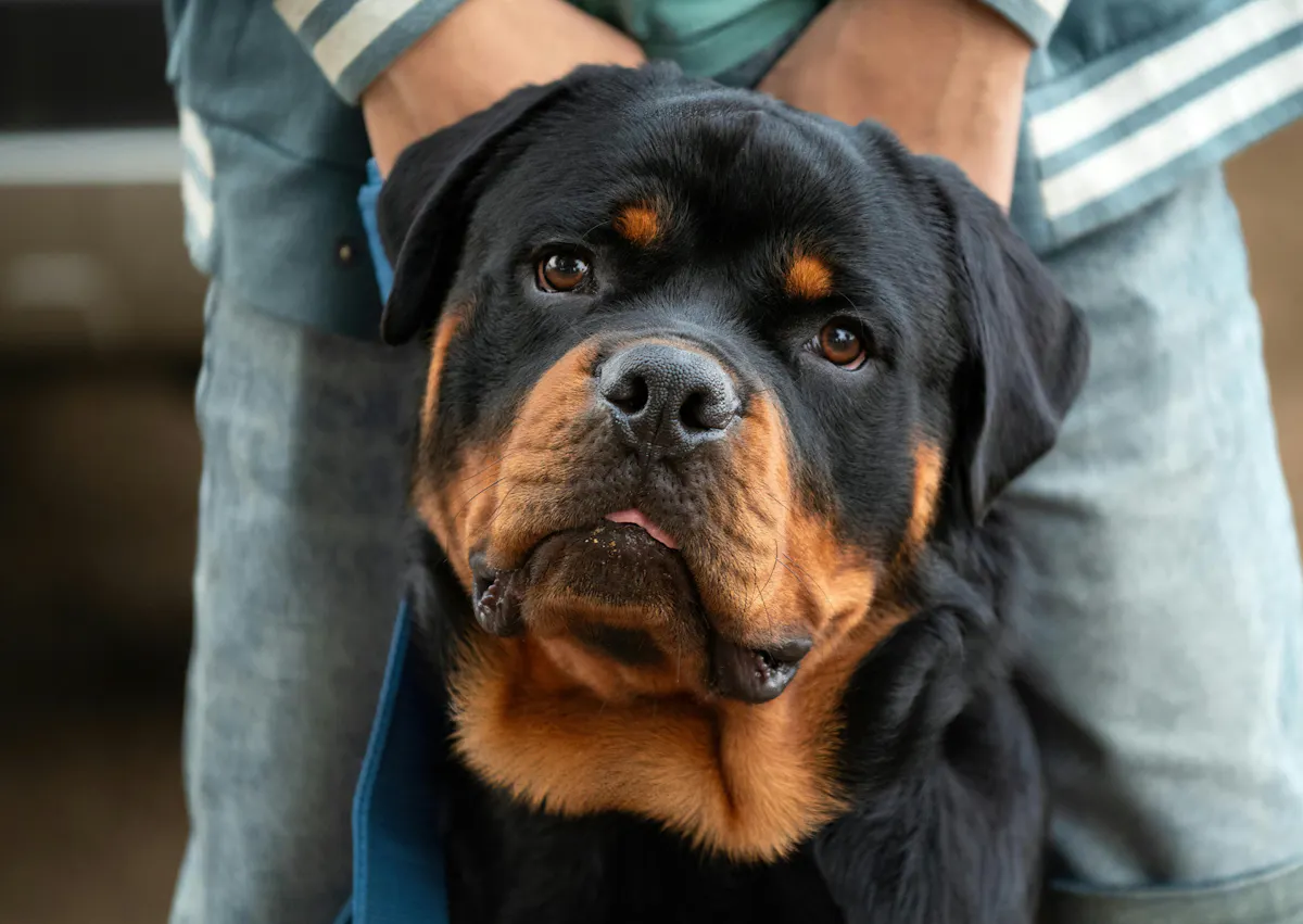 Rottweiler assis devant une personne