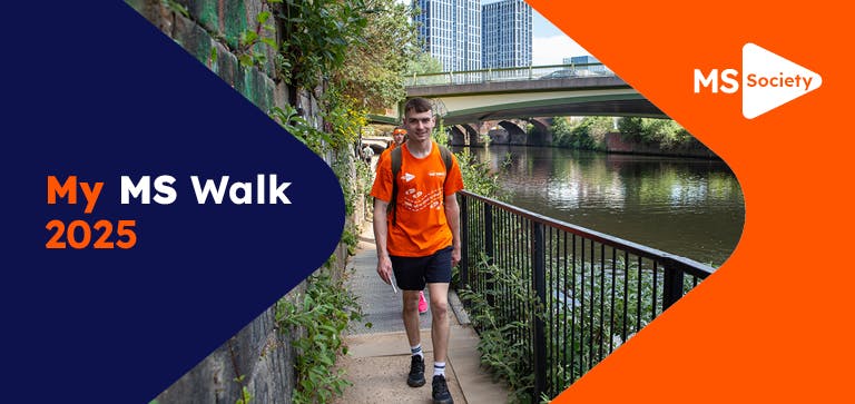 Banner collage for My MS Walk with smiling supporters.