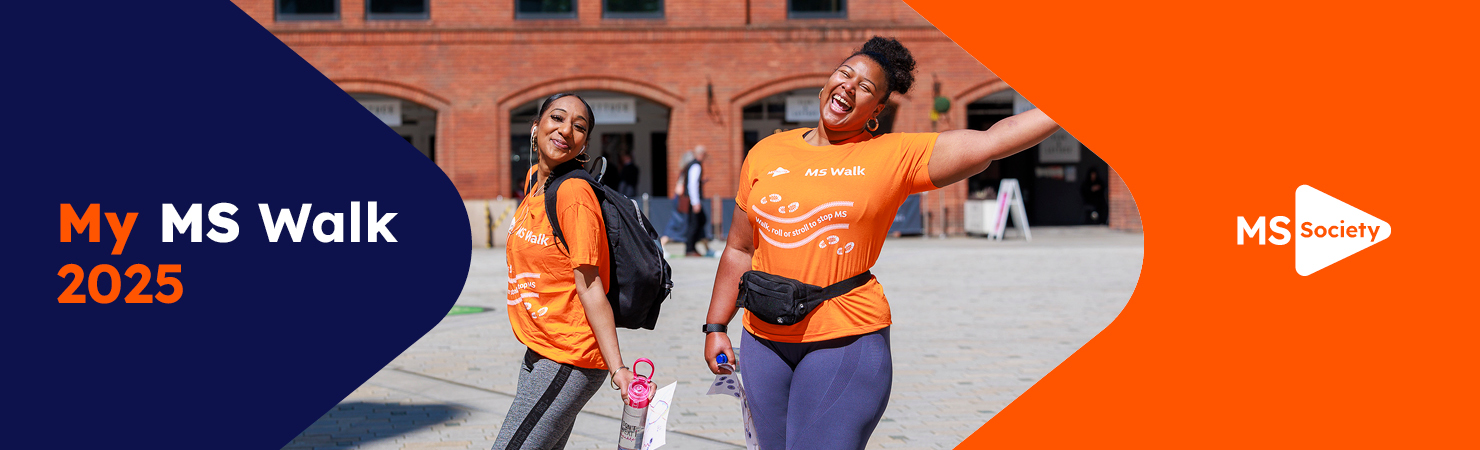 Banner collage for My MS Walk with smiling supporters.