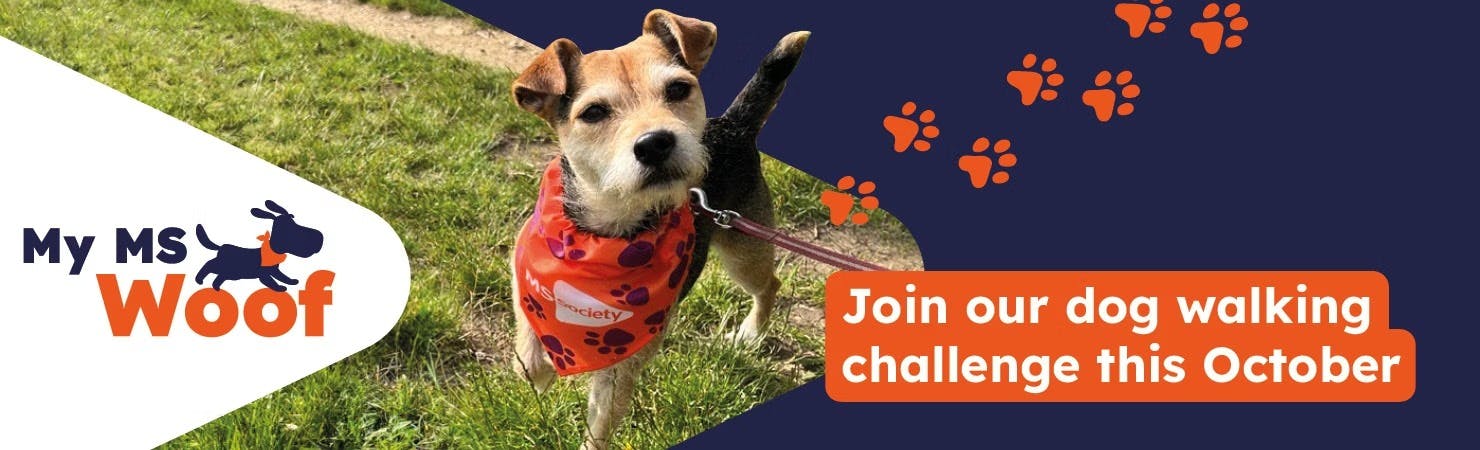 Banner for My MS Woof in October, including a cute dog wearing an MS Society bandana.
