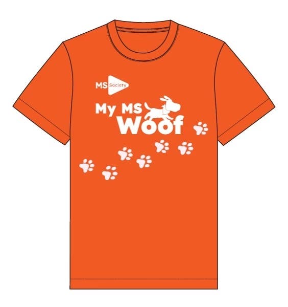 Mock-up of orange MS Society t-shirt.